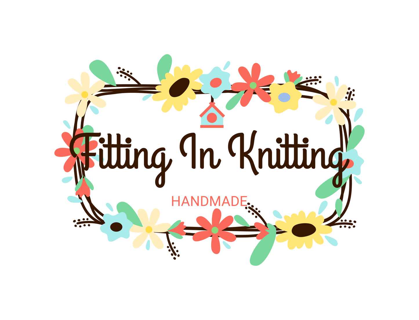 Fitting in Knitting Logo, delicate flowers and yarn surround the Fitting in Knitting text. Handmade patterns.