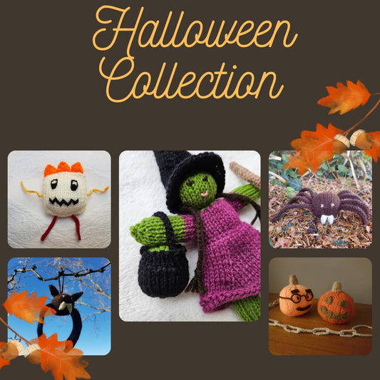 Cover of a Halloween-themed knitting pattern bundle with images of knitted Halloween-themed items.
