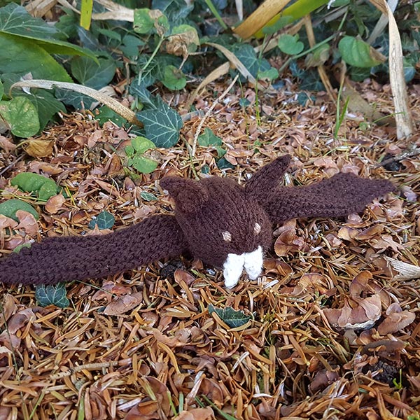 Knitted bat with spread wings, ready for hanging in a window or display.