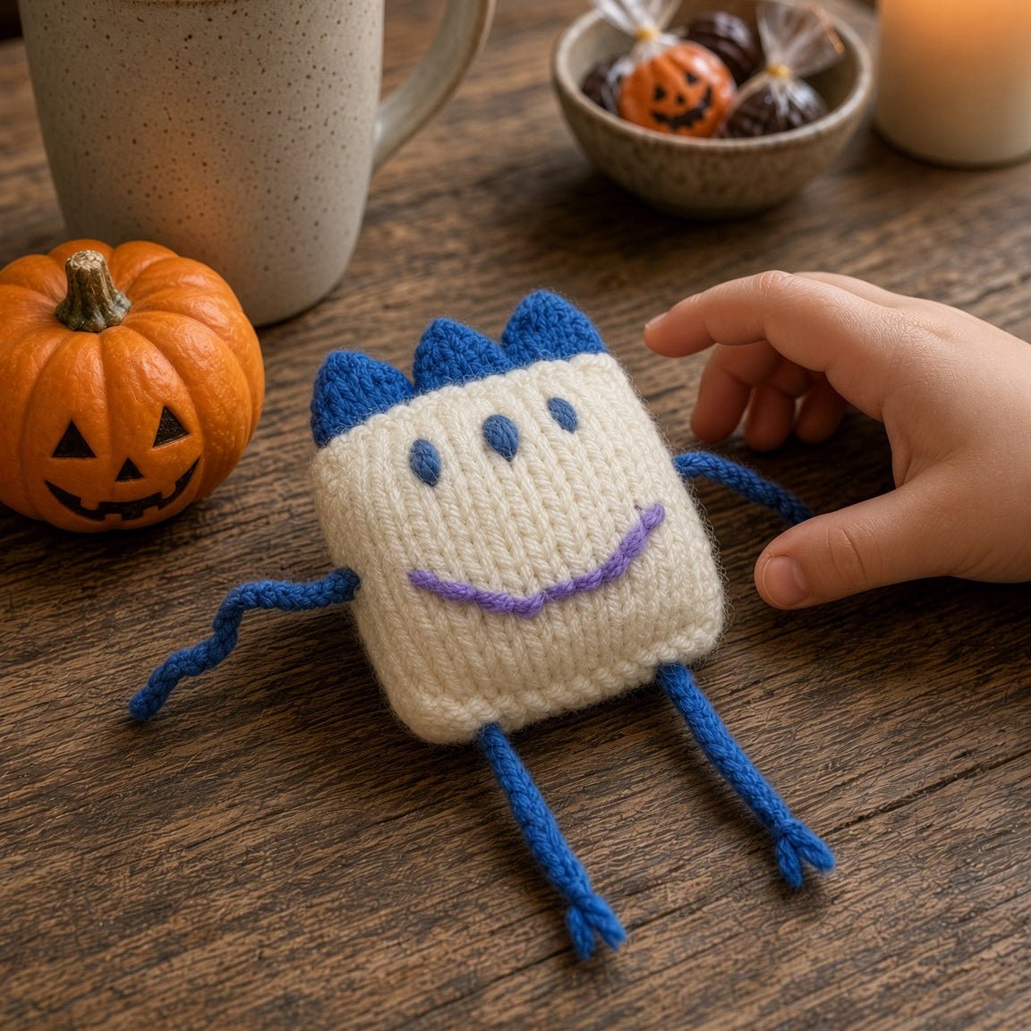 A small hand-knit plush monster with a cream body, blue spikes, blue legs, and a purple smile sits on a wooden table.