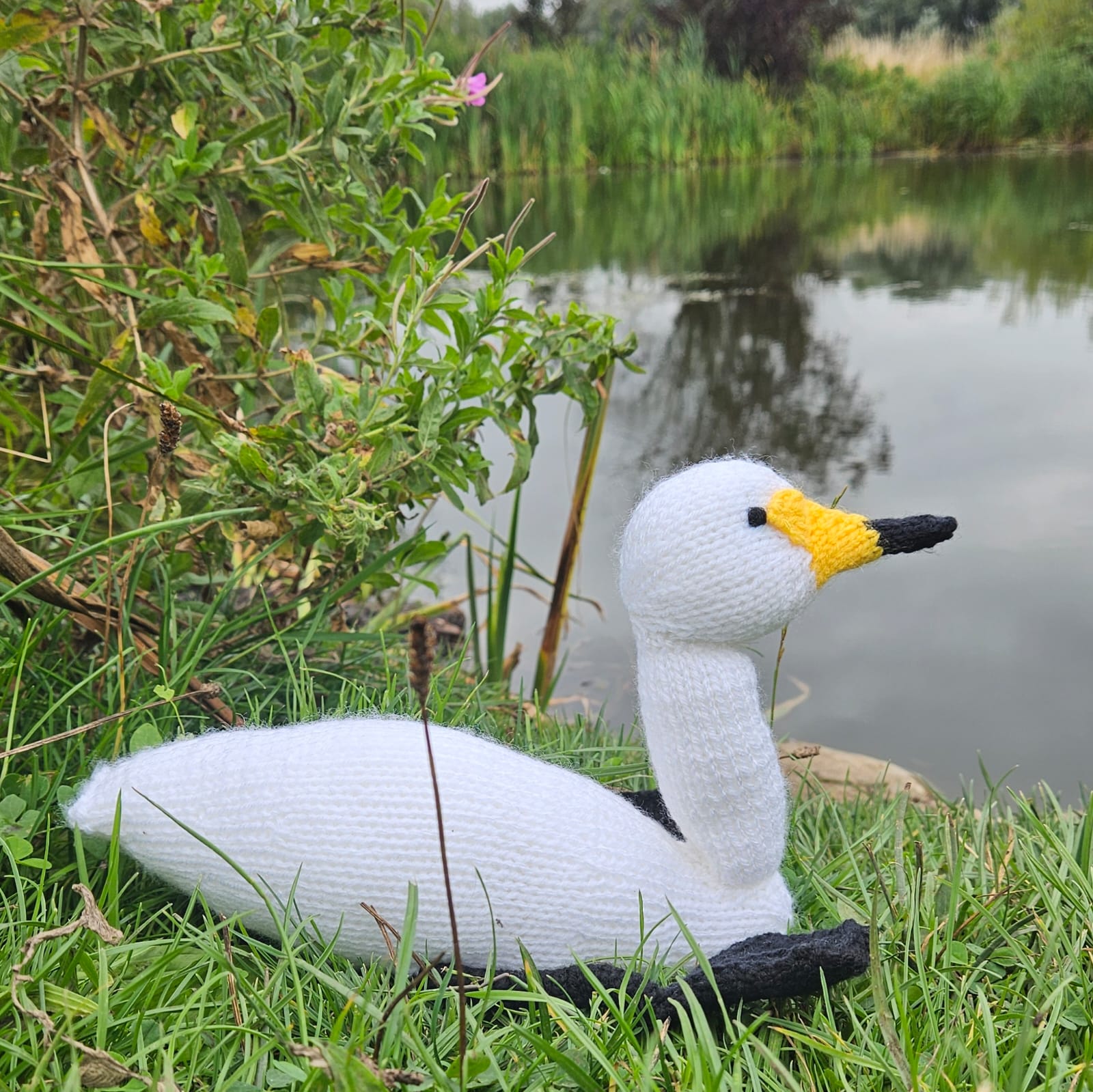 Knitted swan toy on grass near a pond with greenery
