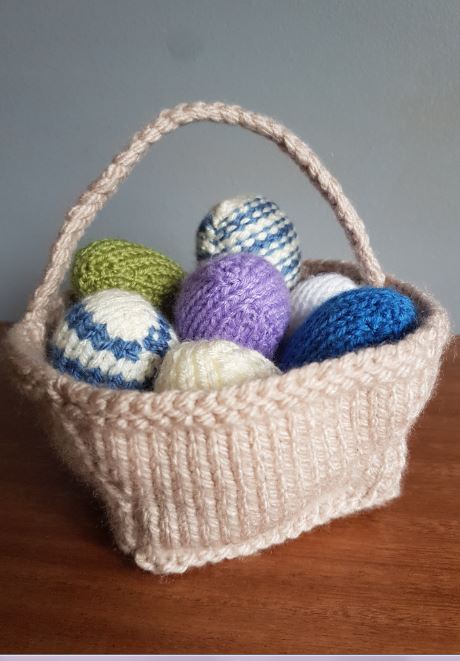 Handmade Knitted Basket of Knitted Eggs Fitting in Knitting Children Quick Craft Ideas